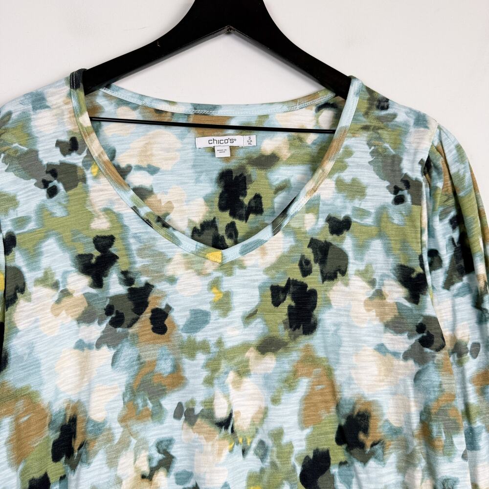 Chico's Printed Slub Puff-Sleeve Tee Shirt Green Abstract V-Neck - 3 XL - Picture 2 of 9
